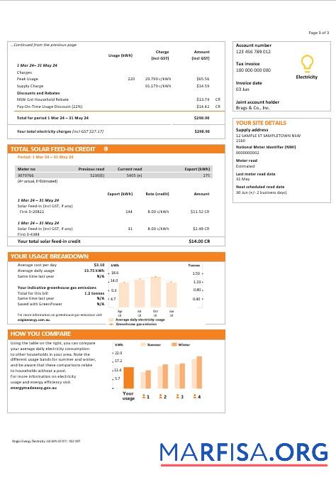 Blank Australia New South Wales (NSW) Origin electricity business utility bill template in Word and PDF forma 3pages
